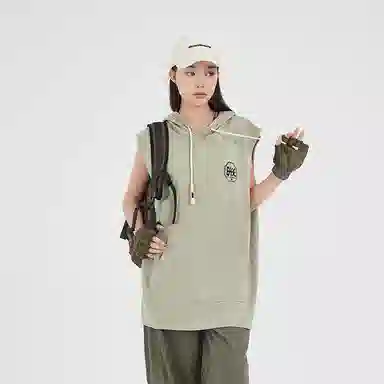 八哥 迷彩字母印花休闲宽松连帽套头美式街头无袖卫衣 男女同款