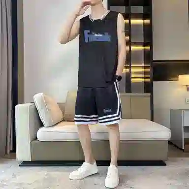 八哥 条纹拼接撞色字母印花背心宽松百搭时尚短裤大码休闲运动套装 男女同款 黑色