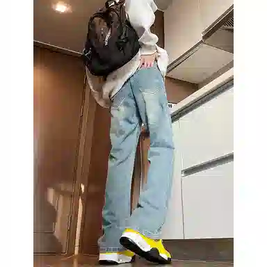 八哥 美式复古高街简约基础款水洗做旧磨白废土风半松紧中腰直筒休闲宽松百搭纯色加厚显高舒适牛仔裤 男女同款