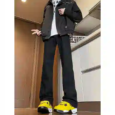 八哥 美式复古高街简约基础款水洗做旧磨白废土风半松紧中腰直筒休闲宽松百搭纯色加厚显高舒适牛仔裤 男女同款