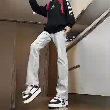 八哥 美式高街简约基础款水洗做旧宽松直筒高腰系带休闲百搭弹力垂感日常通勤牛仔裤 男女同款