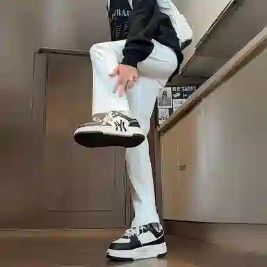 八哥 美式高街简约基础款水洗做旧宽松直筒高腰系带休闲百搭弹力垂感日常通勤牛仔裤 男女同款