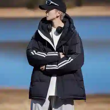 八哥 反季特卖白鸭绒美式高街基础款经典条纹面包服加绒加厚休闲宽松防寒外套连帽羽绒服 男女同款