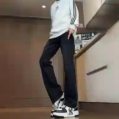 八哥 美式高街简约基础款水洗做旧宽松直筒高腰系带休闲百搭弹力垂感日常通勤牛仔裤 男女同款