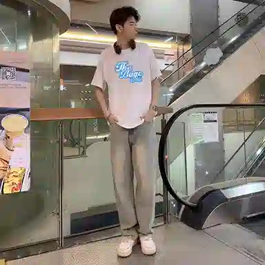 八哥 美式高街简约基础款创意时尚百搭纯色字母常规宽松圆领拉链落肩套头中腰短袖长裤休闲运动套装 男女同款