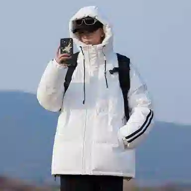 八哥 反季特卖白鸭绒美式高街基础款经典条纹面包服加绒加厚休闲宽松防寒外套连帽羽绒服 男女同款