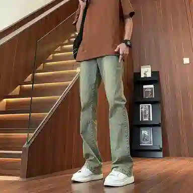 八哥 美式高街暗夜弯刀极简通勤经典款宽松直筒做旧百搭复古纯色堆积感轻水洗牛仔裤 男女同款
