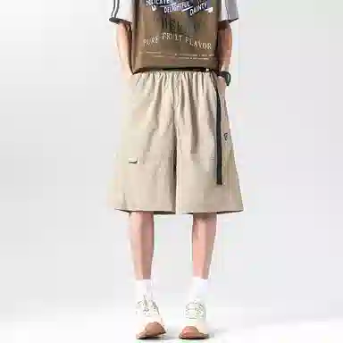 八哥 美式夏季复古街头高街风腰带设计纯色基础款五分裤时尚百搭宽松舒适透气凉感休闲短裤 男女同款