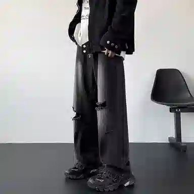 八哥 美式高街复古磨破破洞设计中腰系带直筒宽松垂感休闲长裤水洗磨白做旧百搭日常通勤牛仔裤 男女同款