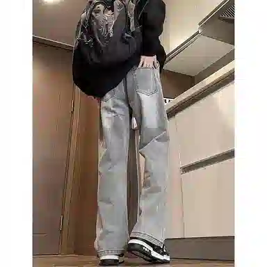 八哥 美式复古高街简约基础款水洗做旧磨白废土风半松紧中腰直筒休闲宽松百搭纯色加厚显高舒适牛仔裤 男女同款