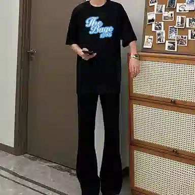 八哥 美式高街简约基础款创意时尚百搭纯色字母常规宽松圆领拉链落肩套头中腰短袖长裤休闲运动套装 男女同款