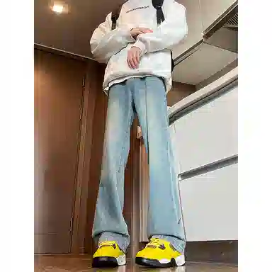 八哥 美式复古高街简约基础款水洗做旧磨白废土风半松紧中腰直筒休闲宽松百搭纯色加厚显高舒适牛仔裤 男女同款