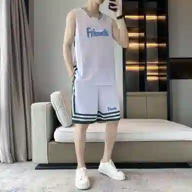 八哥 条纹拼接撞色字母印花背心宽松百搭时尚短裤大码休闲运动套装 男女同款 黑色