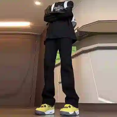 八哥 弯刀微喇裤美式高街无性别主义水洗做旧基础款系带弹力百搭透气显高通勤纯色复古直筒牛仔裤 男女同款