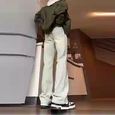 八哥 弯刀微喇裤美式高街简约基础轻度水洗做旧复古直筒高腰阔腿百搭休闲宽松百搭弹力修身微喇牛仔裤 男女同款