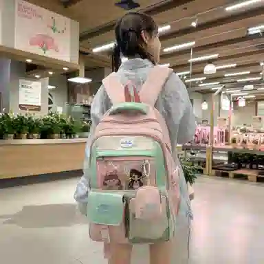 米囹 拼色动漫风潮美丽 女孩上学大容量 复古质地耐磨 男女同款 轻盈 双肩包 常规 黑色/红色/紫色/蓝色/粉色