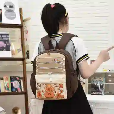 米囹 多功能耐用大容量日常可爱 小学生百搭单品小清新 男女同款 轻盈 双肩包 常规 卡其色/粉色/棕色