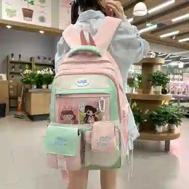 米囹 拼色动漫风潮美丽 女孩上学大容量 复古质地耐磨 男女同款 轻盈 双肩包 常规 黑色/红色/紫色/蓝色/粉色