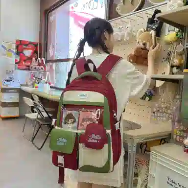 米囹 拼色动漫风潮美丽 女孩上学大容量 复古质地耐磨 男女同款 轻盈 双肩包 常规 黑色/红色/紫色/蓝色/粉色