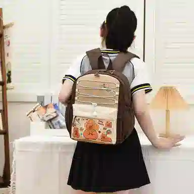 米囹 多功能耐用大容量日常可爱 小学生百搭单品小清新 男女同款 轻盈 双肩包 常规 卡其色/粉色/棕色