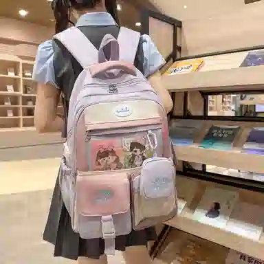 米囹 拼色动漫风潮美丽 女孩上学大容量 复古质地耐磨 男女同款 轻盈 双肩包 常规 黑色/红色/紫色/蓝色/粉色