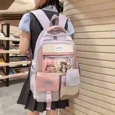米囹 拼色动漫风潮美丽 女孩上学大容量 复古质地耐磨 男女同款 轻盈 双肩包 常规 黑色/红色/紫色/蓝色/粉色