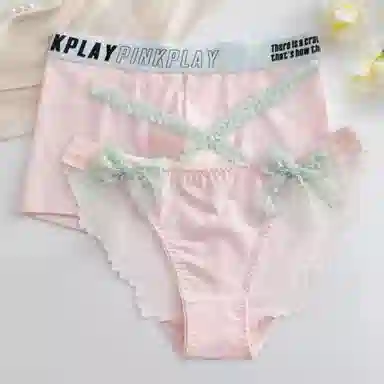 MIIOW Couple Set Lace Trim Low Waist Bow Triangle Panties