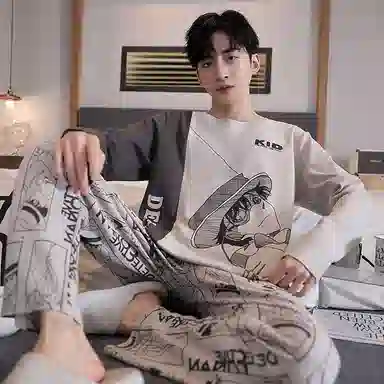 贴身领域 圆领简约上衣松紧腰卡通长裤睡衣套装 男款