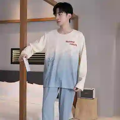 贴身领域 青少年纯棉舒适亲肤字母印花圆领可外穿长袖长裤薄款内衣家居服睡衣套装 男款