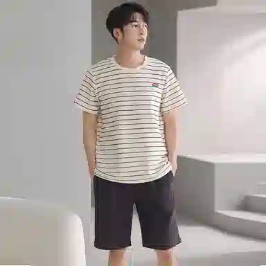 贴身领域 圆领条纹套头短袖睡衣套装 男款 米黄
