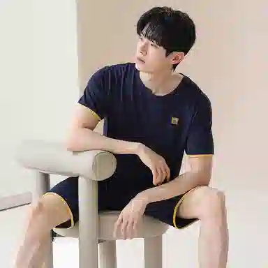 贴身领域 时尚简约纯色印花薄款圆领短袖可外穿家居服休闲短裤睡衣套装 男款 宝蓝