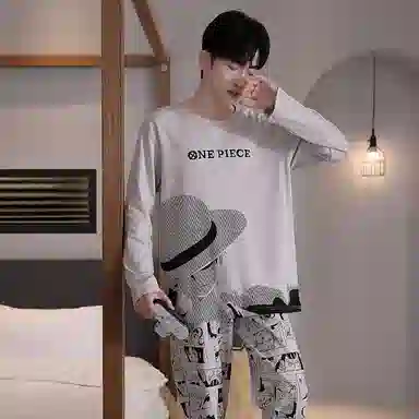 贴身领域 圆领简约上衣松紧腰卡通长裤睡衣套装 男款