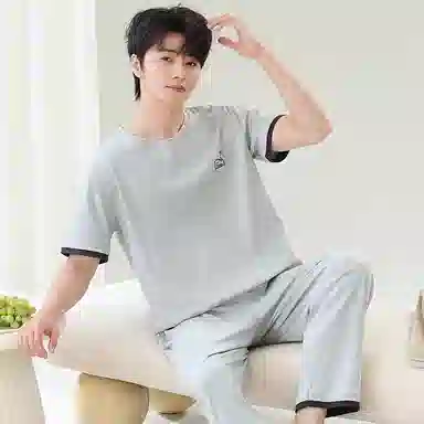 贴身领域 圆领舒适透气短袖长裤可外穿柔软简约亲肤睡衣套装 男款