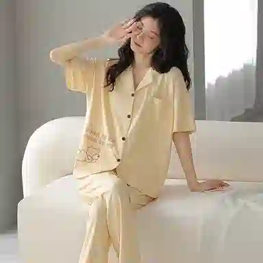 贴身领域 卡通薄款休闲短袖长裤可外穿家居服睡衣套装 女款 黄色