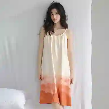 贴身领域 水墨印花蝴蝶结可爱吊带睡裙 女款 杏色