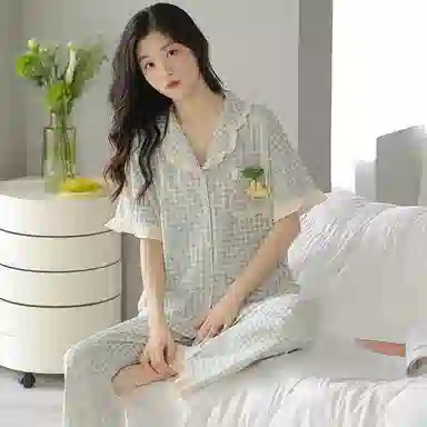 贴身领域 法式带口袋弹力休闲舒适短袖长裤可外穿家居服睡衣套装 女款 图色