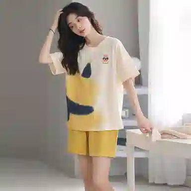 贴身领域 夏季 小熊卡通印花短袖纯棉透气可外穿舒适短裤睡衣套装 女款 杏色