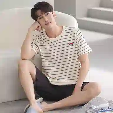 贴身领域 圆领条纹套头短袖睡衣套装 男款 米黄