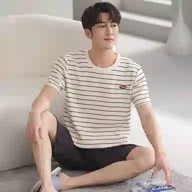 贴身领域 圆领条纹套头短袖睡衣套装 男款 米黄