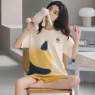 贴身领域 夏季 小熊卡通印花短袖纯棉透气可外穿舒适短裤睡衣套装 女款 杏色