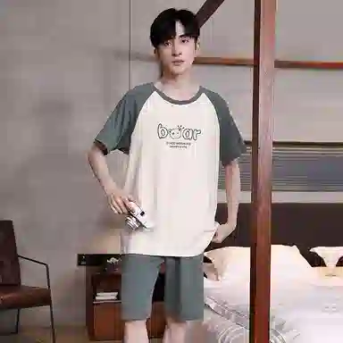 贴身领域 字母印花拼接撞色圆领短袖薄款潮宽松舒适上衣松紧腰五分裤可外穿睡衣套装 男款 绿色