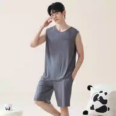 贴身领域 纯色圆领套头无袖睡衣套装 男款 灰色