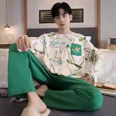 贴身领域 圆领简约上衣松紧腰卡通长裤睡衣套装 男款