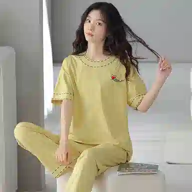 贴身领域 爱心印花圆领短袖格子长裤薄款休闲可外穿家居服睡衣套装 女款 黄色