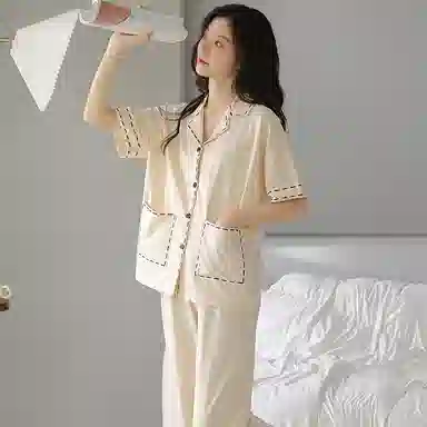 贴身领域 圆领短袖长裤可外穿薄款棉质休闲家居服睡衣套装 女款 图色