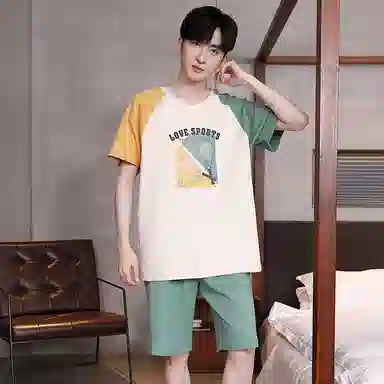 贴身领域 青少年字母印花拼接圆领短袖舒适透气亲肤五分裤可外穿家居服睡衣套装 男款 中绿