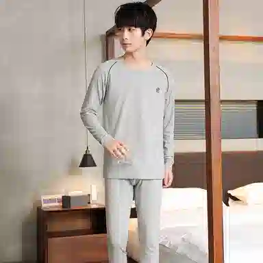 贴身领域 纯棉时尚可外穿圆领抗菌长袖秋衣秋裤打底衫青少年青年保暖内衣套装 男款