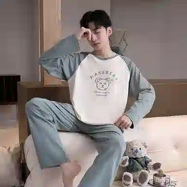 贴身领域 圆领简约上衣松紧腰卡通长裤睡衣套装 男款