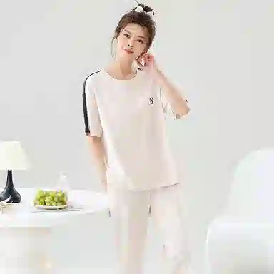 贴身领域 圆领甜美舒适透气可外穿柔软简约亲肤短袖长裤睡衣套装 女款