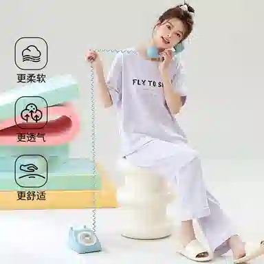 贴身领域 圆领甜美舒适透气可外穿柔软简约亲肤短袖长裤睡衣套装 女款